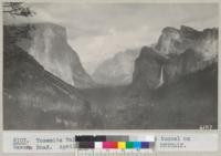Yosemite Valley from the mouth of the tunnel on Wawona Road. April 1936. Metcalf