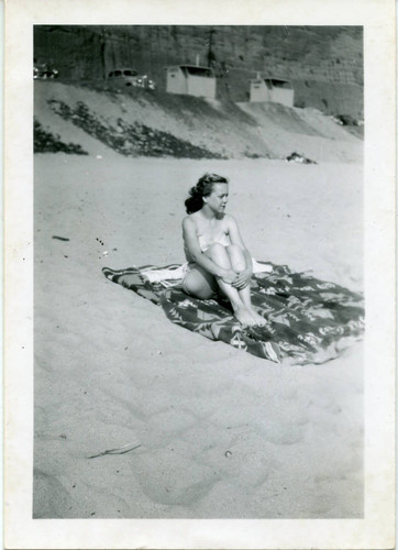 Woman on the beach in Santa Monica, 1949