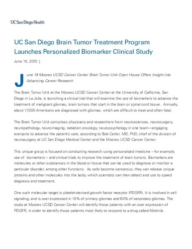 UC San Diego Brain Tumor Treatment Program Launches Personalized Biomarker Clinical Study