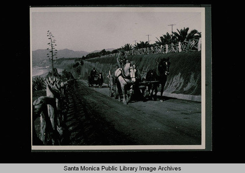 Horses and wagon on the California Incline, Santa Monica, Calif