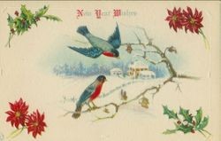 New Year's message with design of winter scene with blue birds in foreground and house in background