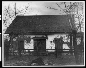 Exterior view of the old Bernal adobe on the former Rancho El Valle de San Jose, 1937