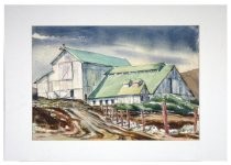 Watercolor depicting the barn and outbuildings of the Tunnel Ranch