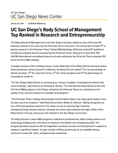 UC San Diego’s Rady School of Management Top Ranked in Research and Entrepreneurship