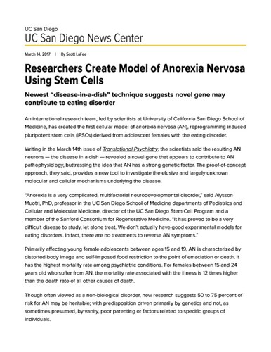 Researchers Create Model of Anorexia Nervosa Using Stem Cells