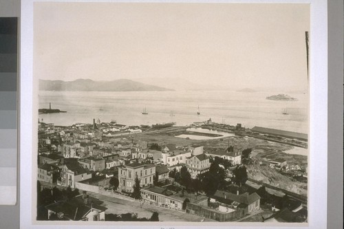 North from top of Telegraph Hill, ca. 1890. Alcatraz Island, extreme right; Belvedere Island, behind; H.T. Graves residence and cow barn, right center foreground