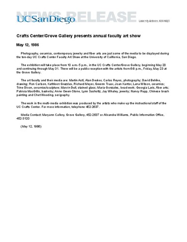 Crafts Center/Grove Gallery presents annual faculty art show