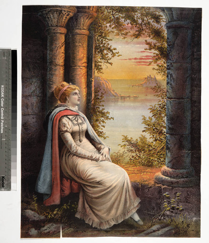 [Young woman wearing cape looking out over water]