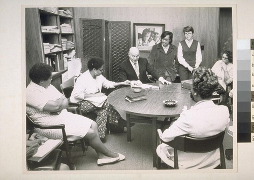 Mayor Alioto meets with (Left to right) Mrs. Julia Commer, Yvonne Golden, Reverend Tony Ubalde, Mrs. Kathleen Schular, and Mrs. Idare Westbrook at School District Headquarters, San Francisco