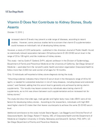 Vitamin D Does Not Contribute to Kidney Stones, Study Asserts
