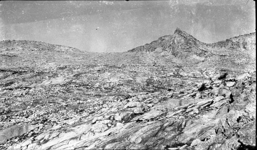High Sierra Trail Investigation, looking west toward pass east of Moose Lake. Left panel of a two panel panorama