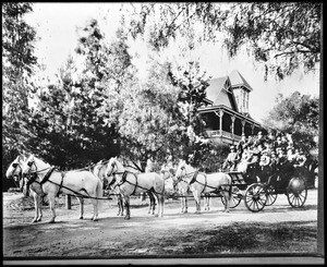Heavily loaded carriage in front of the Arcadia Hotel (Baldwin Ranch Hotel), ca.1908