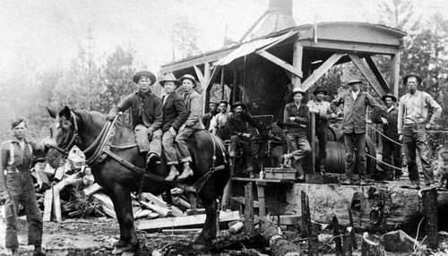Loggers and donkey engine at Lyonsville