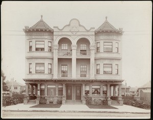 Exterior view of an apartment building on Figueroa Street between Eleventh Street and Twelfth Street in Los Angeles, ca.1880-1889