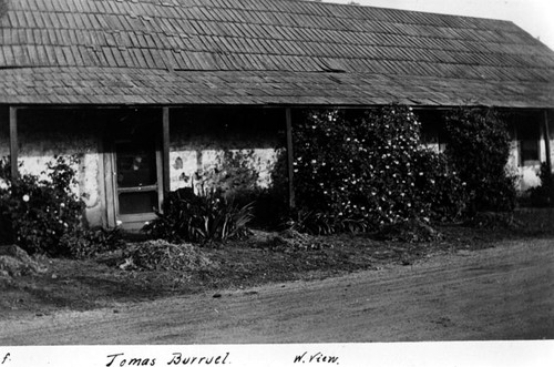 W. view of the Tomas Burruel adobe on the south side of Oriental street in Capistrano Village, 1936