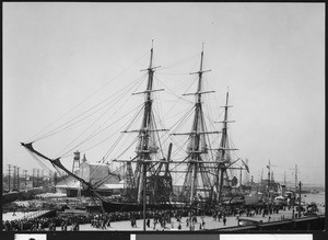 Portside view of "Old Ironsides" replica at a harbor, San Pedro, ca.1926