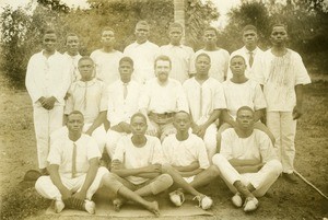 Jean Marchaud with his pupils, in Gabon