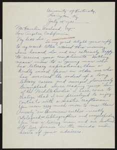 Virgil Leon Sturgill, letter, 1933-07-15, to Hamlin Garland