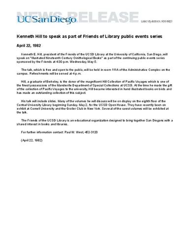 Kenneth Hill to speak as part of Friends of Library public events series
