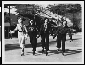 Female figure skaters on an ice rink at Big Pines mountain camp, ca.1930