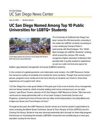 UC San Diego Named Among Top 10 Public Universities for LGBTQ+ Students