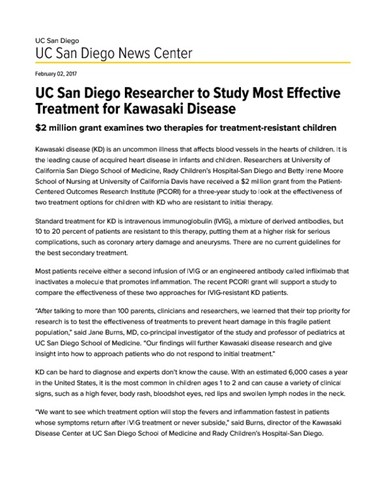 UC San Diego Researcher to Study Most Effective Treatment for Kawasaki Disease