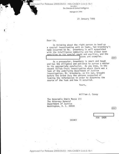 William J. Casey letter to Edwin Meese regarding Ted Greenberg, with attachment