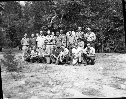 NPS Groups, Naturalist staff for 1960 near Zumwalt Meadow. Standing: 5th from left, Harold Basey, far right, Dick Burns