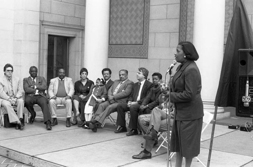 Myrlie Evers speaking at the Freedom Rider 25th reunion, Los Angeles, 1987
