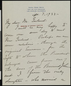 Sarah Bixby Smith, letter, 1933-09-07, to Hamlin Garland