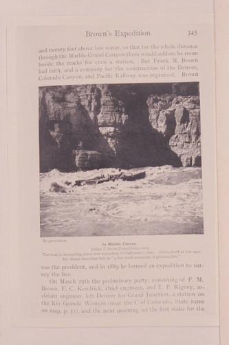 S[eymour] S. Dubendorff running 36 Mile Rapid in Marble Canyon. The oarsman is using the stern-first method of cruising a rapid as introduced to the Colorado River by Galloway in 1896