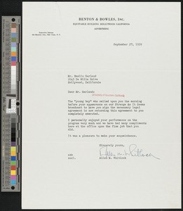 Allen M. Whitlock, letter, 1939-09-27, to Hamlin Garland