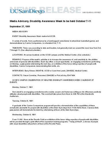 Media Advisory, Disability Awareness Week to be held October 7-11