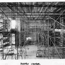 View of the Assembly Chamber at the California State Capitol with scaffolding in place to allow for restoration work