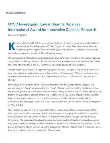 UCSD Investigator Kumar Sharma Receives International Award for Innovative Diabetes Research