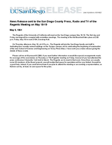 News Release sent to the San Diego County Press, Radio and TV of the Regents Meeting on May 18-19