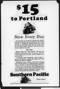 Drawn Southern Pacific Railway advertisement, touting the fifteen-dollar route to Portland, ca.1930
