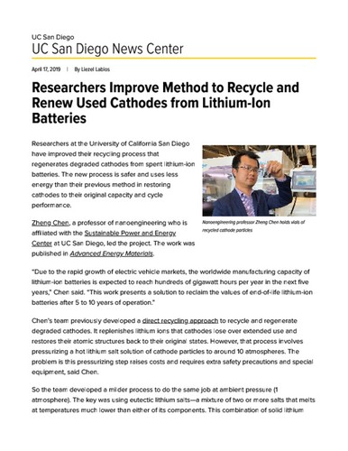 Researchers Improve Method to Recycle and Renew Used Cathodes from Lithium-Ion Batteries