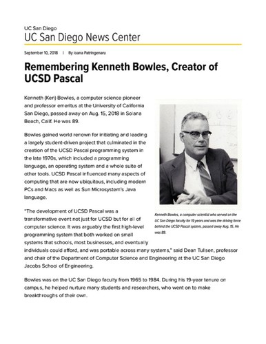 Remembering Kenneth Bowles, Creator of UCSD Pascal
