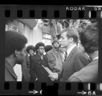 William S. Banowsky, chancellor of Pepperdine College, speaking to black student demonstrators, 1970