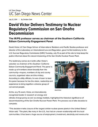 David Victor Delivers Testimony to Nuclear Regulatory Commission on San Onofre Decommission
