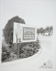 Ramada Inn roadside hotels sign at the Flamingo Hotel, Santa Rosa, California, 1958