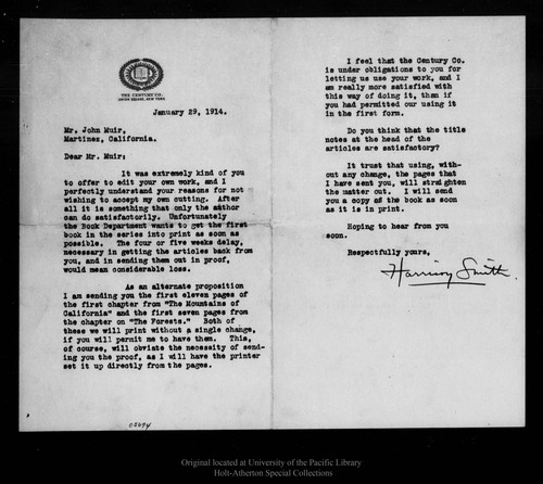 Letter from Harrison Smith to John Muir, 1914 Jan 29
