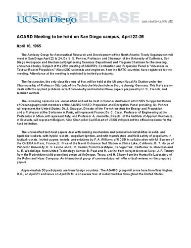 AGARD Meeting to be held on San Diego campus, April 22-25
