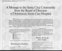 A Message to the Santa Cruz Community from the Board of Directors of Dominican Santa Cruz Hospital