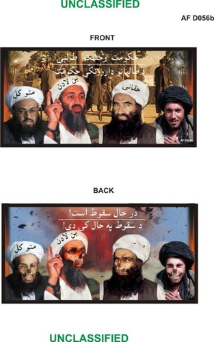 Depicts four Taliban/al Qaida leaders against a backdrop of bodies hanging from nooses. Back depicts those same leaders with accentuated jaws and bared teeth