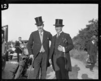 Two men with the party of people accompanying Crown Prince Gustav Adolf of Sweden during a visit to an orchard, Riverside, 1926
