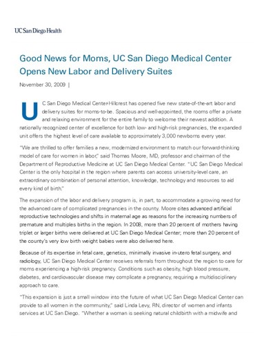 Good News for Moms, UC San Diego Medical Center Opens New Labor and Delivery Suites