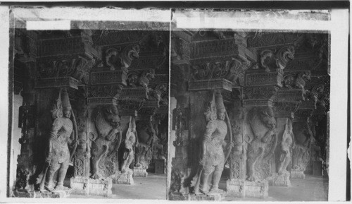 Grotesque fancy and patient skill of Hindu Sculptures - pillars of the Temple, Madura. India