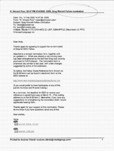 Email, H. Vincent Poor to Andrew J. Viterbi, February 14, 2002